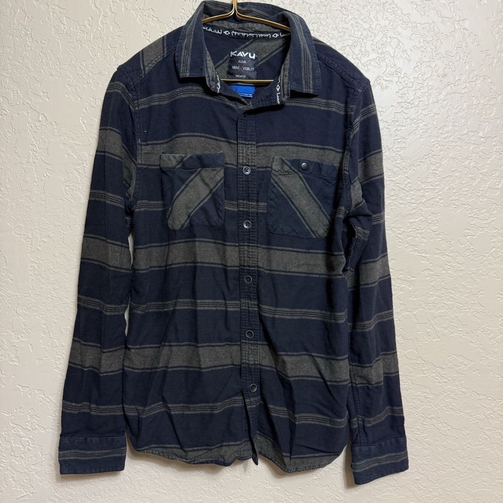 KAVU Klear Black Brown Long Sleeve Shirt Flannel Mens S Striped Hiking Outdoor